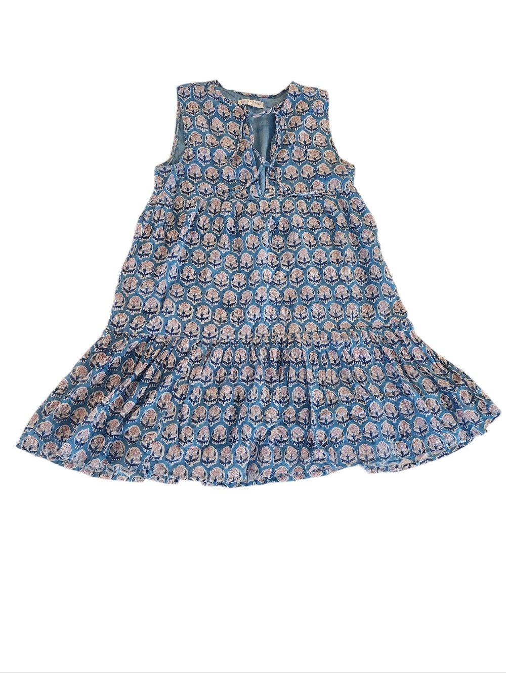 Emerson Fry India Collection Blue Floral Tiered Dress Pink Accents Women's M/L
